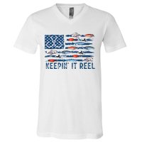 Keepin It Reel Fishing Lure Flag Fisherman Bass Fishing V-Neck T-Shirt