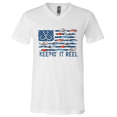 Keepin It Reel Fishing Lure Flag Fisherman Bass Fishing V-Neck T-Shirt