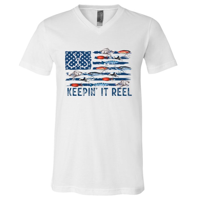 Keepin It Reel Fishing Lure Flag Fisherman Bass Fishing V-Neck T-Shirt