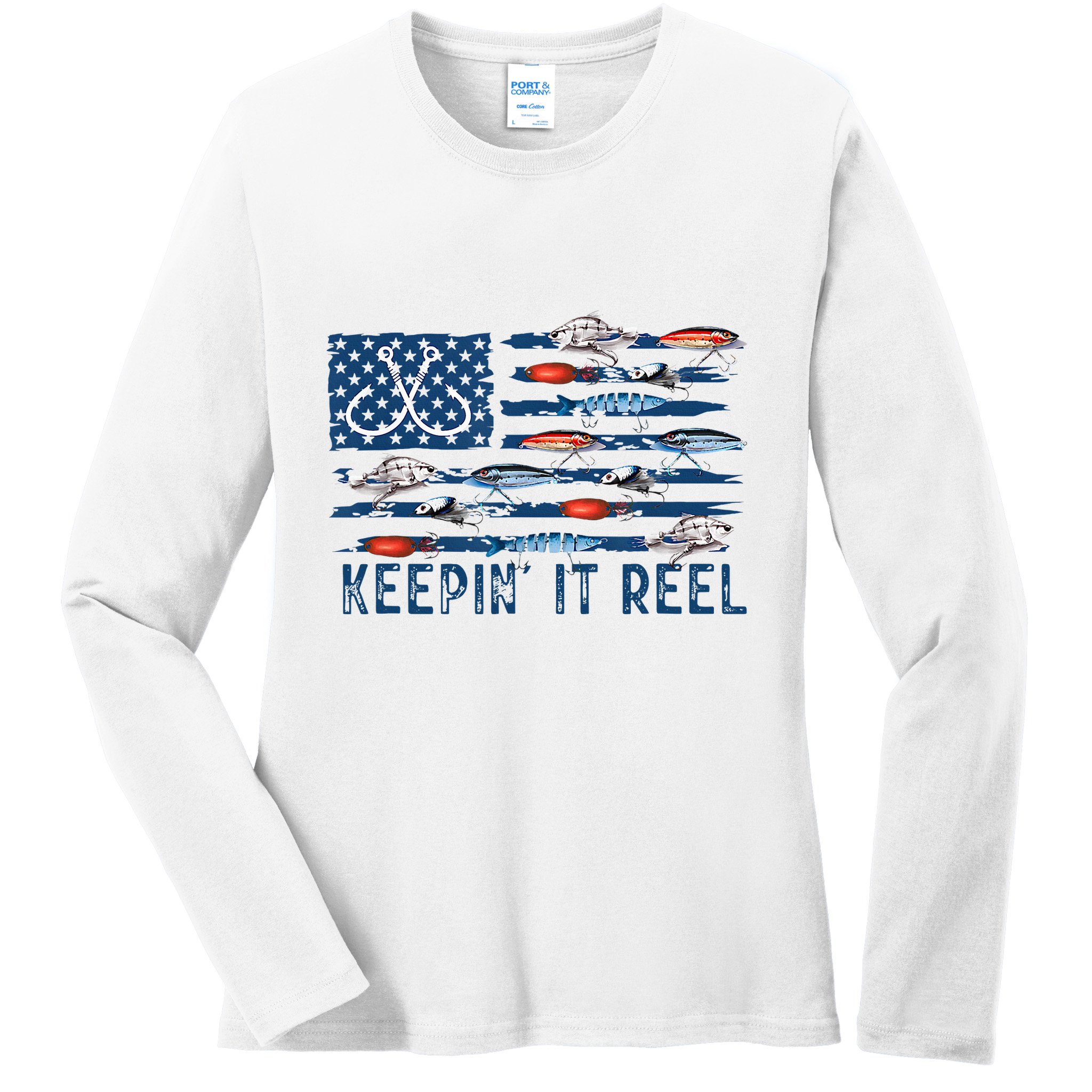 Keepin It Reel Fishing Lure Flag Fisherman Bass Fishing Ladies Long Sleeve Shirt