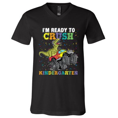 Kids Im Ready To Crush Kindergarten Monster Truck Dinosaur Boy V-Neck T-Shirt