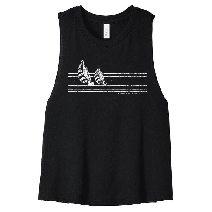 Kiawah Island Sc Vintage Sailing 70s Nautical Sailboat Women's Racerback Cropped Tank