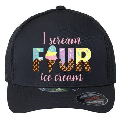 Kids I Scream Four Ice Cream 4th Birthday Flexfit Unipanel Trucker Cap