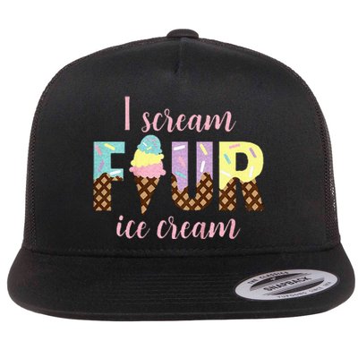 Kids I Scream Four Ice Cream 4th Birthday Flat Bill Trucker Hat