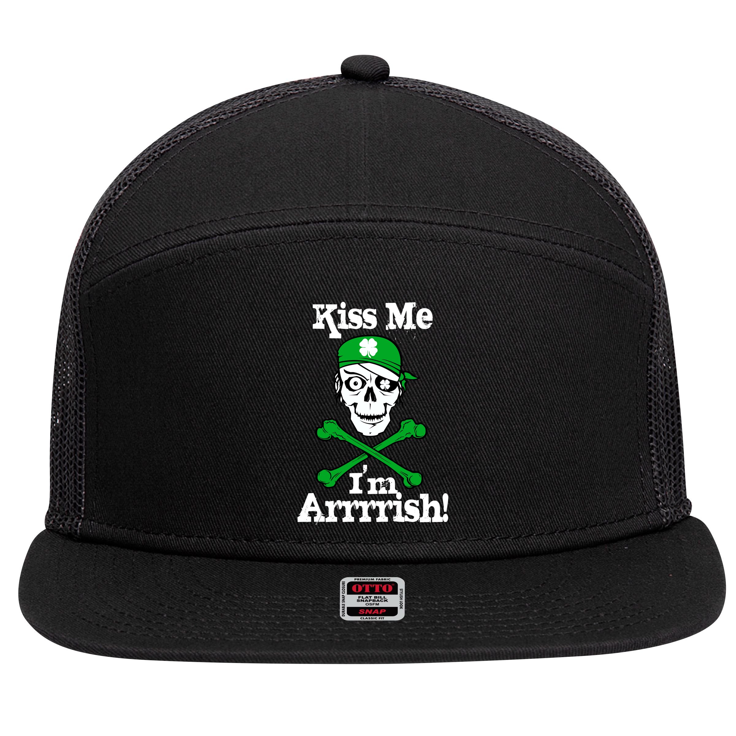 Kiss Me I'm Arrrish Pirate St. Patrick's Day 7 Panel Mesh Trucker Snapback Hat