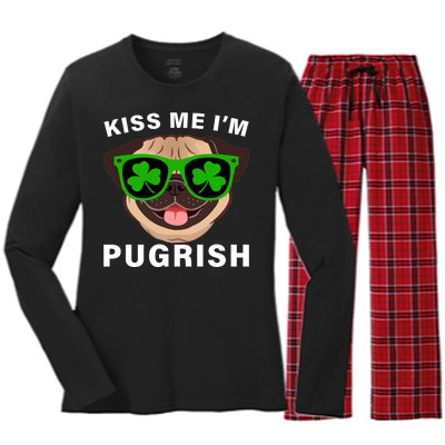 Kiss Me I'm Pugrish Funny Irish Women's Long Sleeve Flannel Pajama Set 