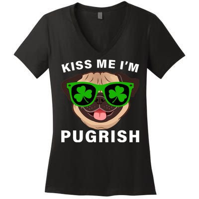 Kiss Me I'm Pugrish Funny Irish Women's V-Neck T-Shirt