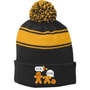 Kiss Me I'm Trying Funny Gingerbread Stripe Pom Pom Beanie