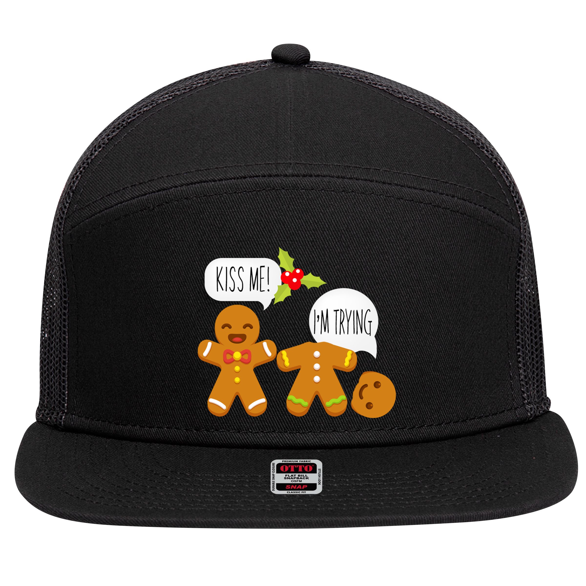 Kiss Me I'm Trying Funny Gingerbread 7 Panel Mesh Trucker Snapback Hat