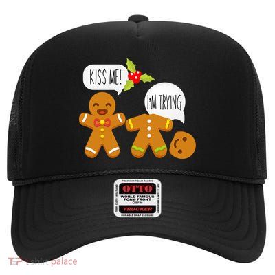 Kiss Me I'm Trying Funny Gingerbread High Crown Mesh Back Trucker Hat