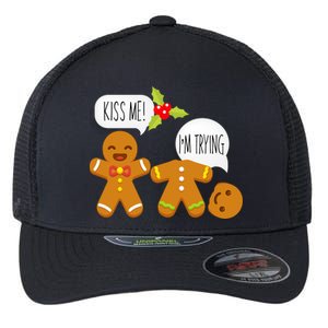 Kiss Me I'm Trying Funny Gingerbread Flexfit Unipanel Trucker Cap