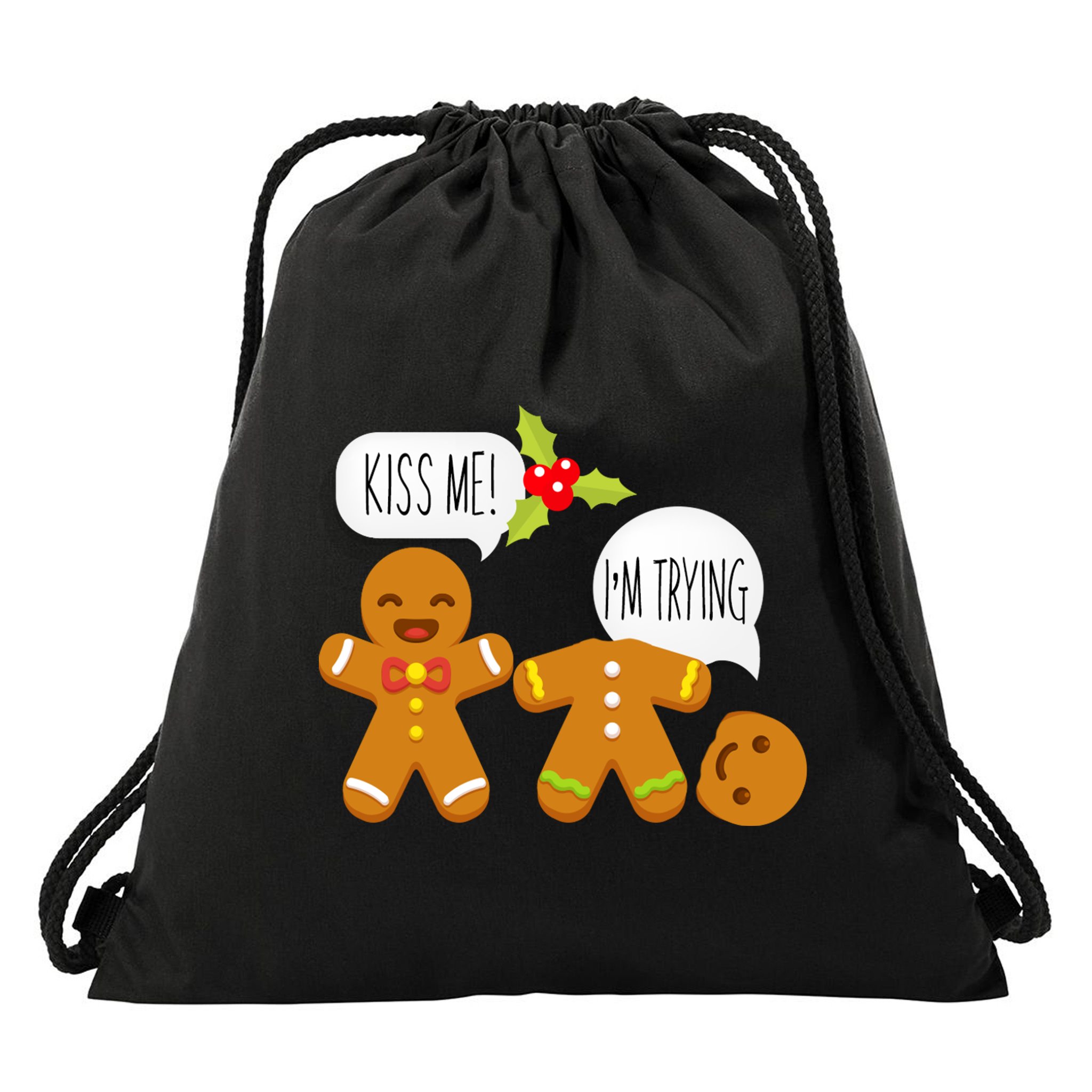 Kiss Me I'm Trying Funny Gingerbread Drawstring Bag