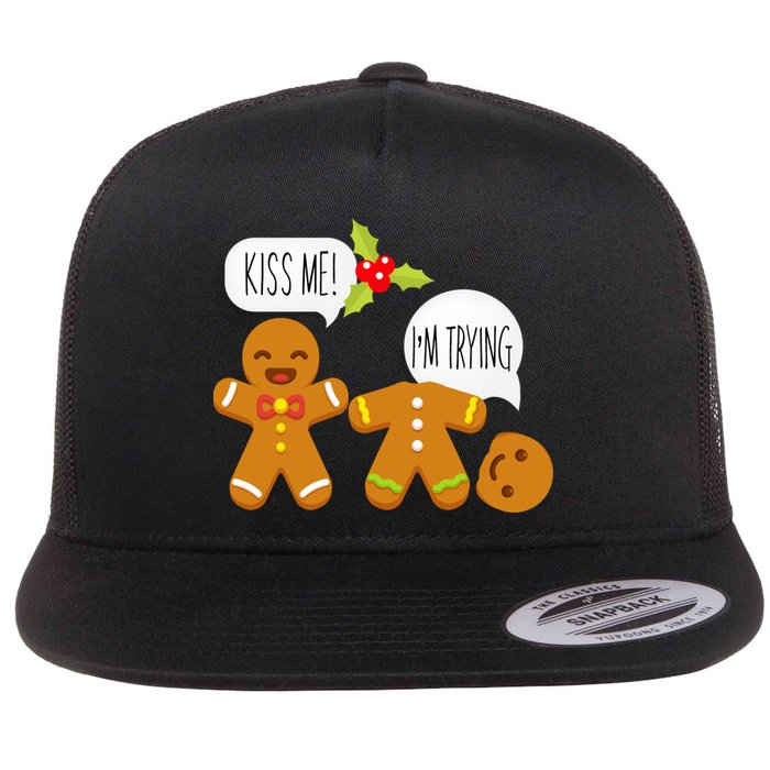 Kiss Me I'm Trying Funny Gingerbread Flat Bill Trucker Hat