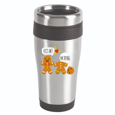 Kiss Me I'm Trying Funny Gingerbread 16oz Travel Tumbler