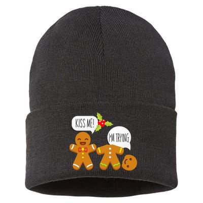 Kiss Me I'm Trying Funny Gingerbread Sustainable Knit Beanie