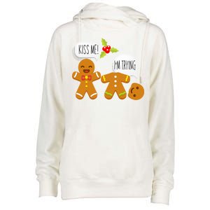 Kiss Me I'm Trying Funny Gingerbread Womens Funnel Neck Pullover Hood