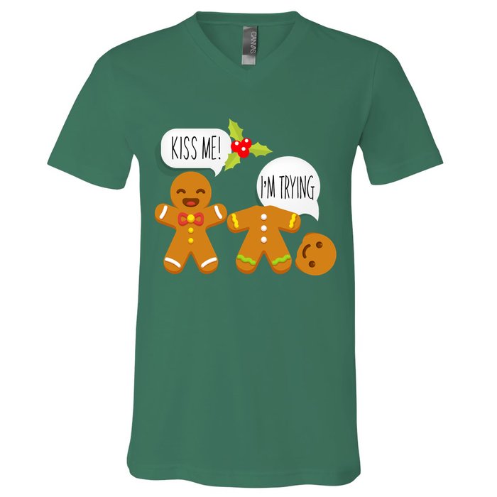 Kiss Me I'm Trying Funny Gingerbread V-Neck T-Shirt