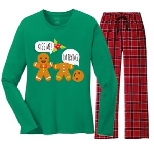 Kiss Me I'm Trying Funny Gingerbread Women's Long Sleeve Flannel Pajama Set 