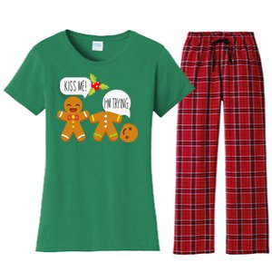 Kiss Me I'm Trying Funny Gingerbread Women's Flannel Pajama Set