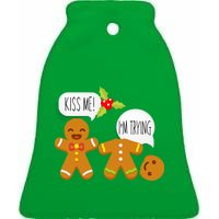 Kiss Me I'm Trying Funny Gingerbread Ceramic Bell Ornament