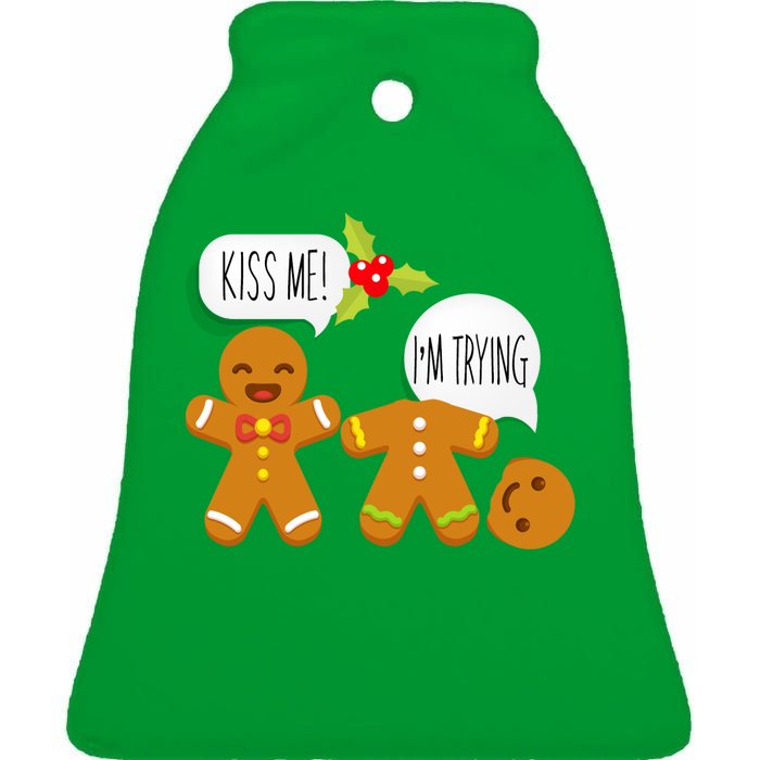 Kiss Me I'm Trying Funny Gingerbread Ceramic Bell Ornament