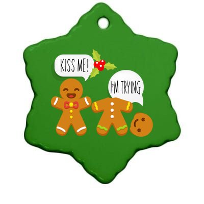 Kiss Me I'm Trying Funny Gingerbread Ceramic Star Ornament