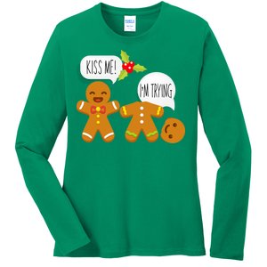 Kiss Me I'm Trying Funny Gingerbread Ladies Long Sleeve Shirt