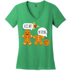 Kiss Me I'm Trying Funny Gingerbread Women's V-Neck T-Shirt