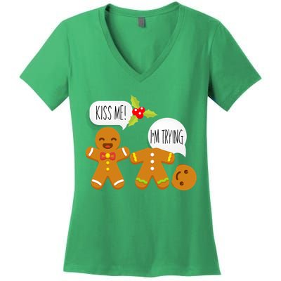 Kiss Me I'm Trying Funny Gingerbread Women's V-Neck T-Shirt