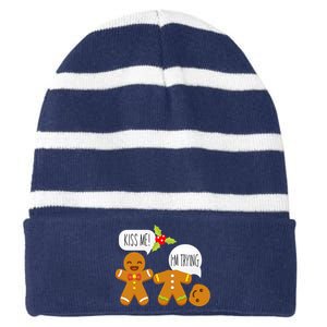 Kiss Me I'm Trying Funny Gingerbread Striped Beanie with Solid Band