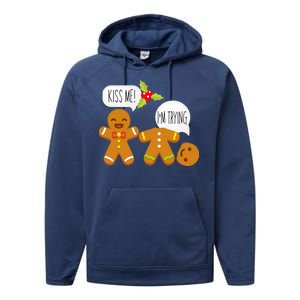 Kiss Me I'm Trying Funny Gingerbread Performance Fleece Hoodie