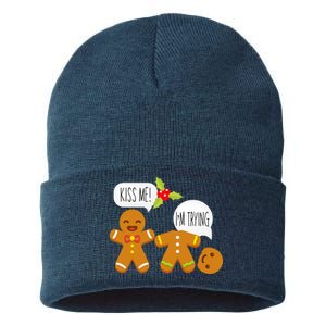 Kiss Me I'm Trying Funny Gingerbread Sustainable Knit Beanie