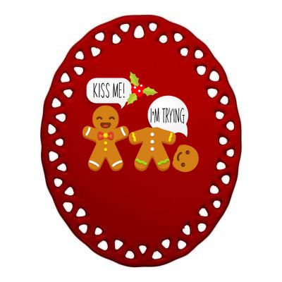 Kiss Me I'm Trying Funny Gingerbread Ceramic Oval Ornament