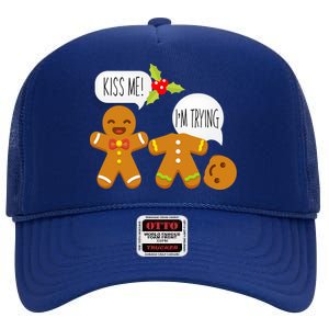 Kiss Me I'm Trying Funny Gingerbread High Crown Mesh Back Trucker Hat