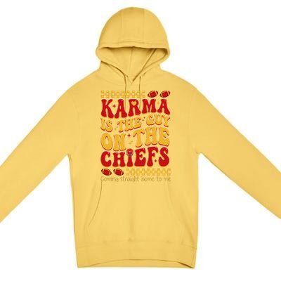 Karma Is The Guy Coming Straight Home To Me Retro Groovy Football Premium Pullover Hoodie