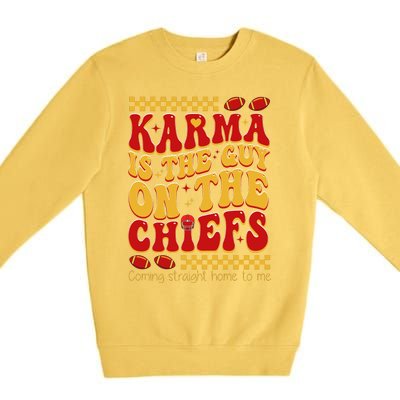 Karma Is The Guy Coming Straight Home To Me Retro Groovy Football Premium Crewneck Sweatshirt