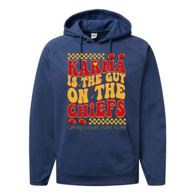 Karma Is The Guy Coming Straight Home To Me Retro Groovy Football Performance Fleece Hoodie