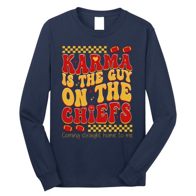 Karma Is The Guy Coming Straight Home To Me Retro Groovy Football Long Sleeve Shirt