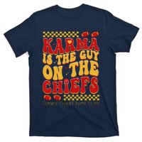 Karma Is The Guy Coming Straight Home To Me Retro Groovy Football T-Shirt