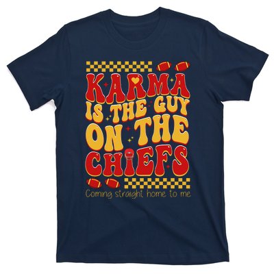 Karma Is The Guy Coming Straight Home To Me Retro Groovy Football T-Shirt