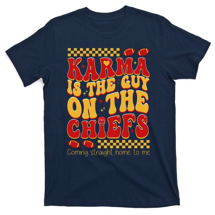 Karma Is The Guy Coming Straight Home To Me Retro Groovy Football T-Shirt