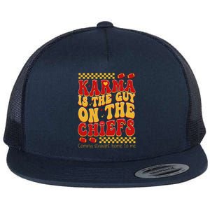 Karma Is The Guy Coming Straight Home To Me Retro Groovy Football Flat Bill Trucker Hat