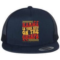 Karma Is The Guy Coming Straight Home To Me Retro Groovy Football Flat Bill Trucker Hat