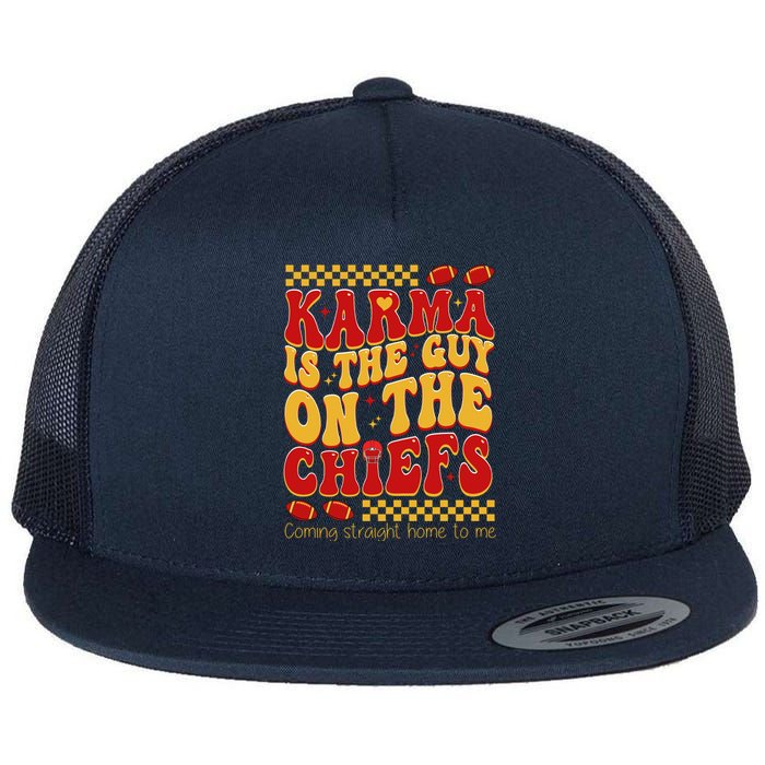 Karma Is The Guy Coming Straight Home To Me Retro Groovy Football Flat Bill Trucker Hat