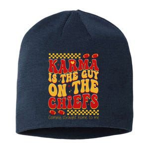 Karma Is The Guy Coming Straight Home To Me Retro Groovy Football Sustainable Beanie