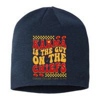 Karma Is The Guy Coming Straight Home To Me Retro Groovy Football Sustainable Beanie