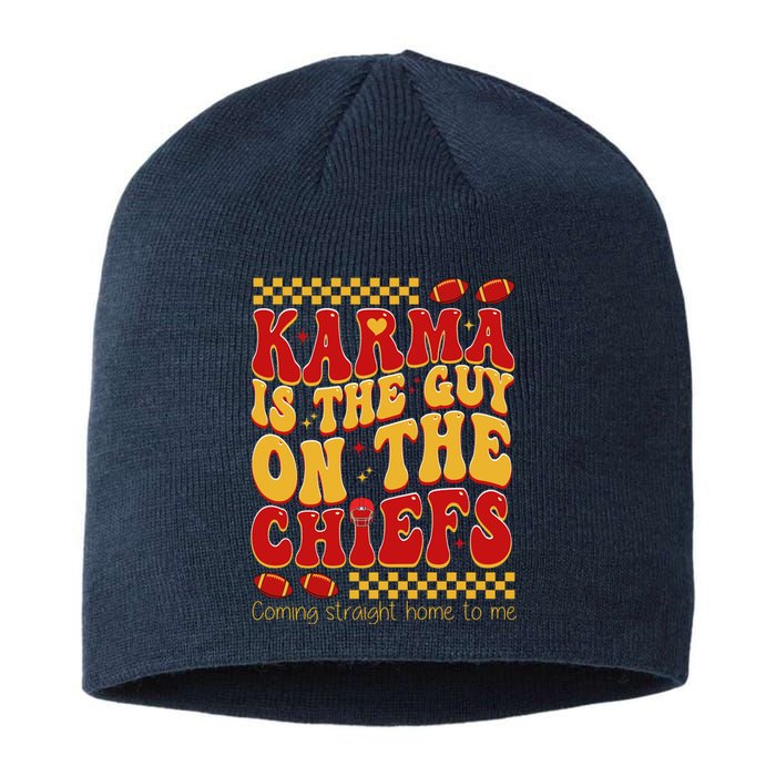 Karma Is The Guy Coming Straight Home To Me Retro Groovy Football Sustainable Beanie