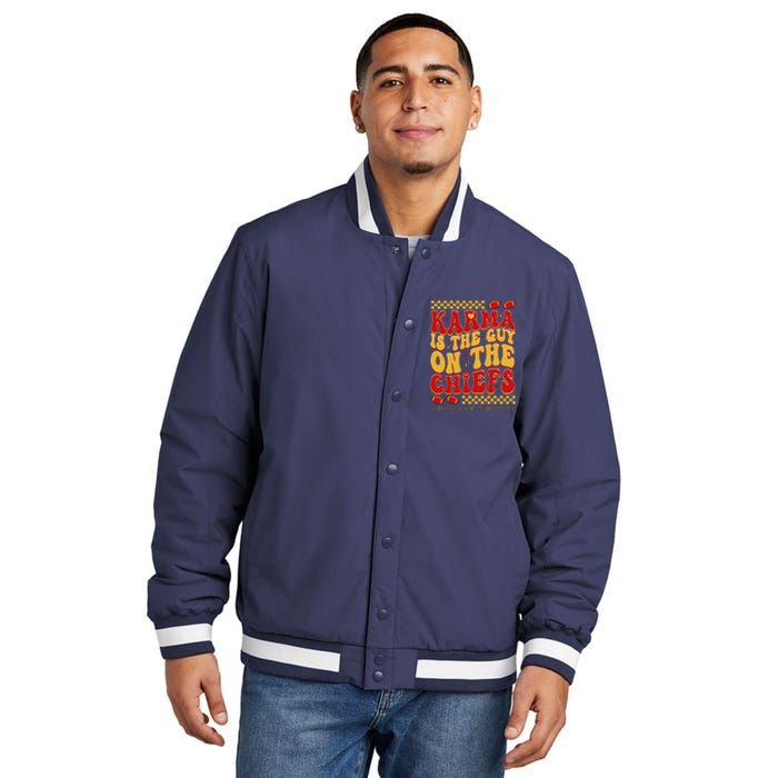 Karma Is The Guy Coming Straight Home To Me Retro Groovy Football Insulated Varsity Jacket