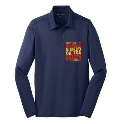 Karma Is The Guy Coming Straight Home To Me Retro Groovy Football Silk Touch Performance Long Sleeve Polo