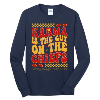 Karma Is The Guy Coming Straight Home To Me Retro Groovy Football Tall Long Sleeve T-Shirt